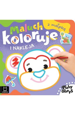 Maluch koloruje i nakleja z małpką. Gruby obrys