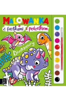 Malowanka z farbkami i pędzelkiem. Dinozaury