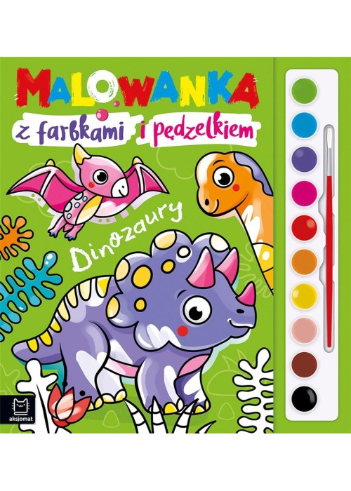 Malowanka z farbkami i pędzelkiem. Dinozaury