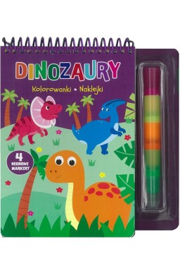 Dinozaury. Kolorowanki naklejki 4 neonowe markery