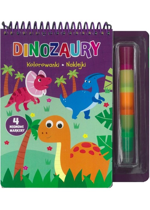 Dinozaury. Kolorowanki naklejki 4 neonowe markery