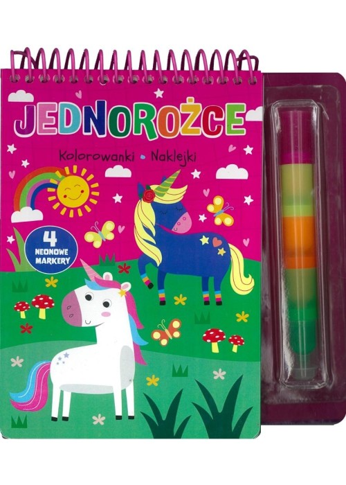 Jednorożce. Kolorowanki naklejki 4 neonowe markery