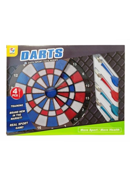 Dart z kolorową tarczą i czterema rzutkami