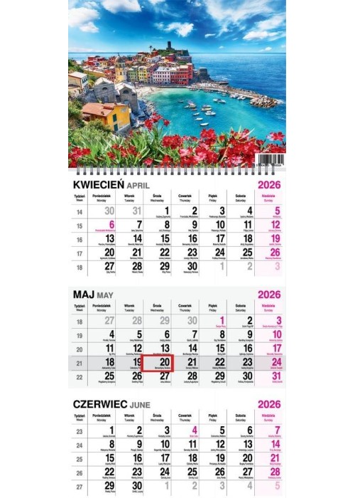 Kalendarz 2026 trójdzielny na spirali Widok