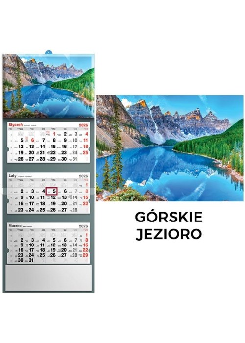 Kalendarz 2026 trójdzielny górskie jezioro