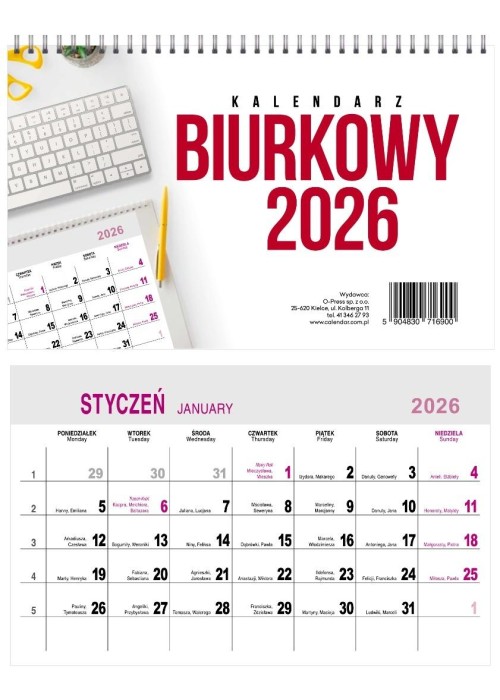 Kalendarz 2026 Biurkowy Miesięczny 24x15cm