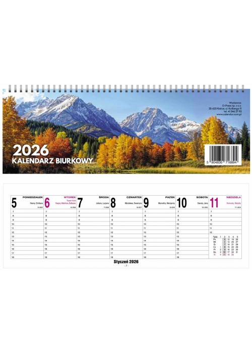 Kalendarz 2026 Biurkowy Tygodniowy 29x10cm