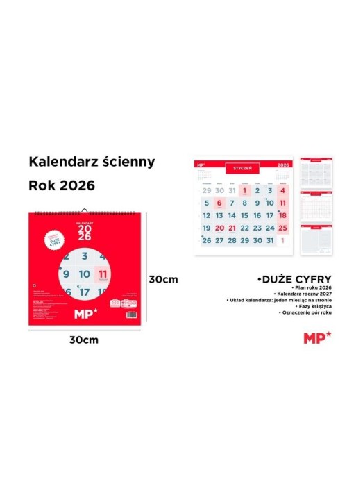 Kalendarz 2026 ścienny 30x30cm czerwony Kalendarz 2026 ścienny 30x30cm czerwony