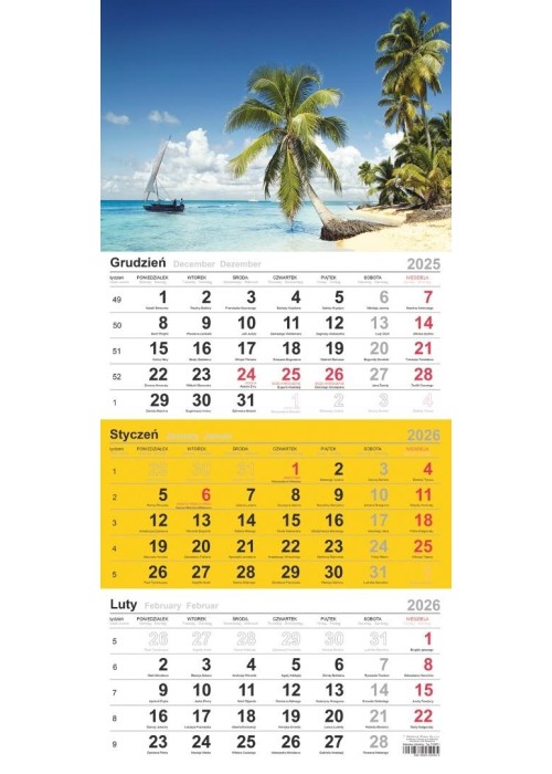 Kalendarz 2026 trójdzielny Plaża