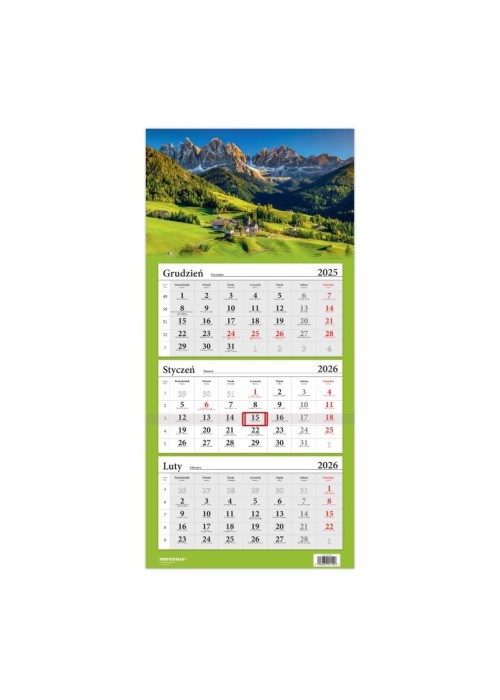 Kalendarz 2026 trójdzielny Góry Dolomity HELMA