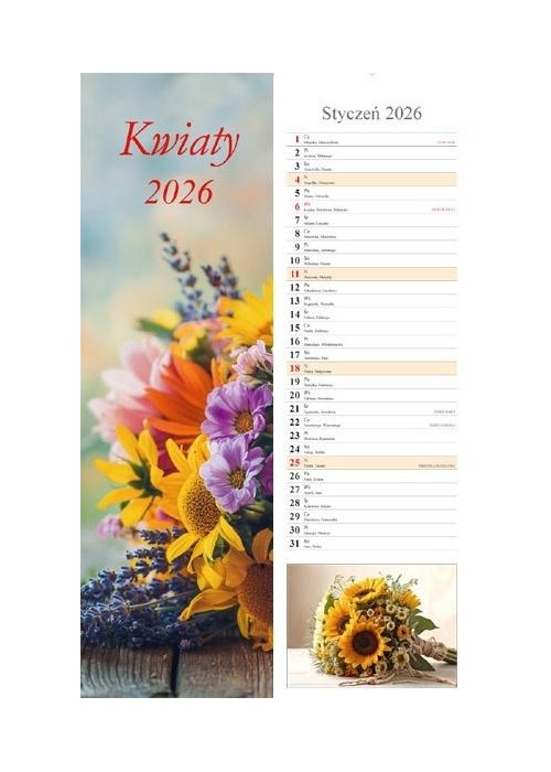 Kalendarz 2026 ścienny pasek Kwiaty