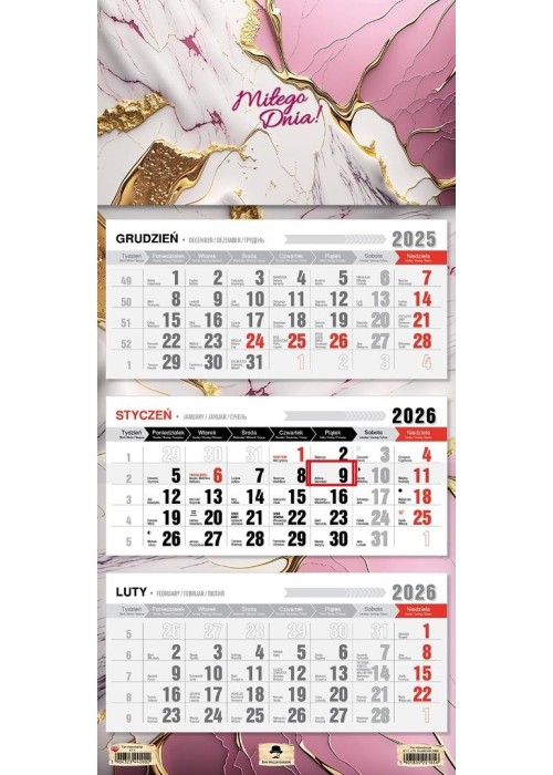 Kalendarz 2026 trójdzielny płaska główka glamour