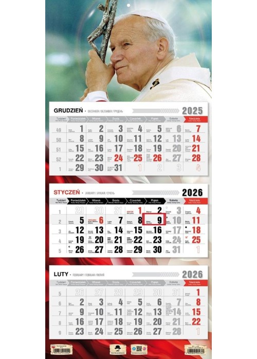 Kalendarz 2026 trójdzielny płaska główka JP II