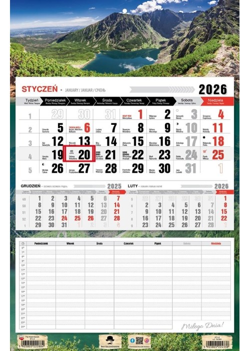 Kalendarz 2026 jednodzielny z planem zajęć Tatry