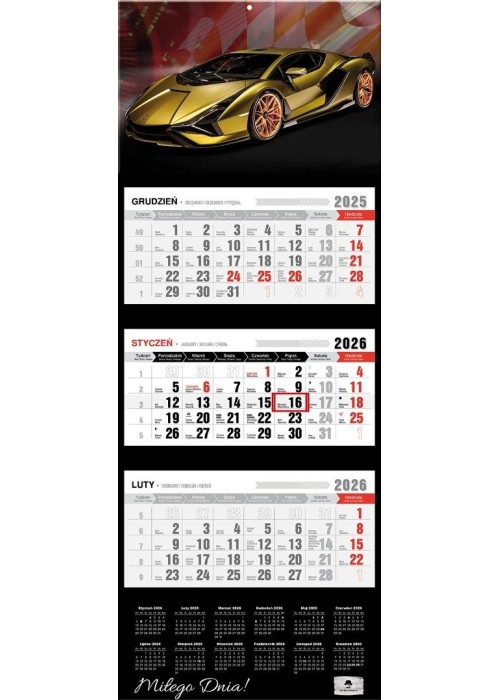 Kalendarz 2026 trójdzielny premium lux car