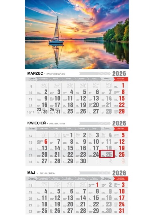 Kalendarz 2026 trójdzielny z magnesen mazury