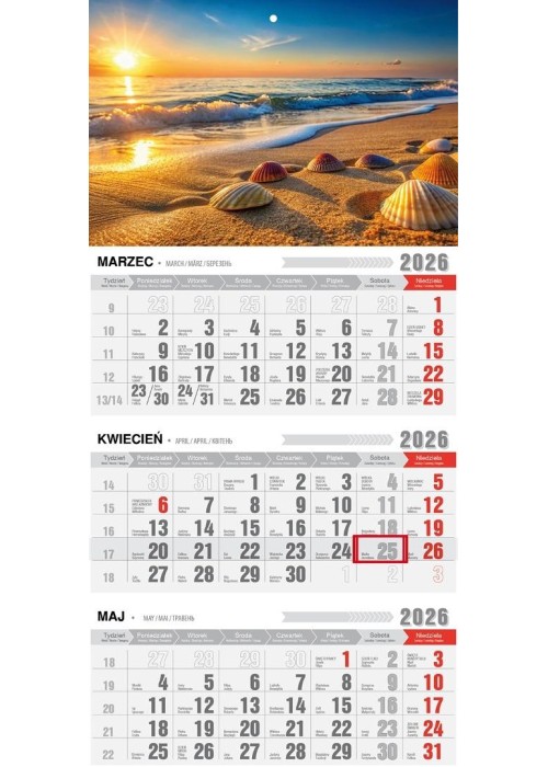 Kalendarz 2026 trójdzielny ekonomiczny plaża