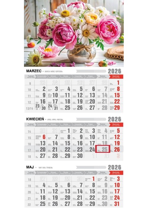Kalendarz 2026 trójdzielny ekonomiczny bukiety