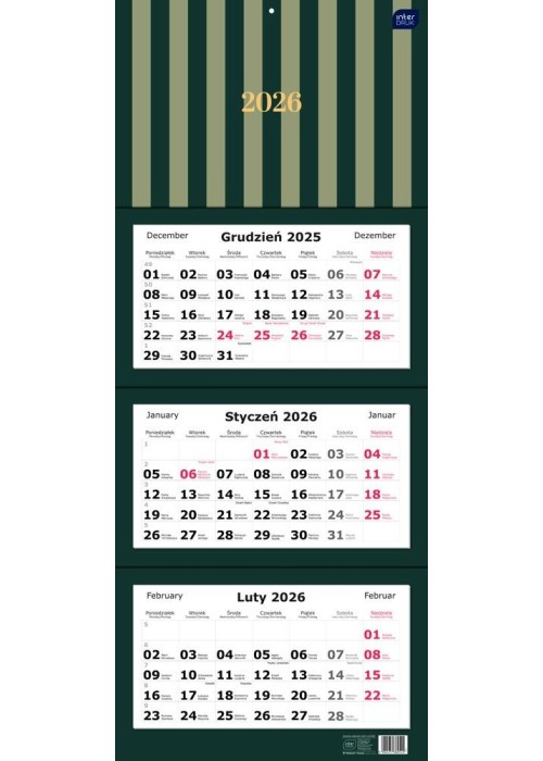 Kalendarz 2026 trójdzielny 82,5x34cm Paski Kalendarz 2026 trójdzielny 82,5x34cm Paski