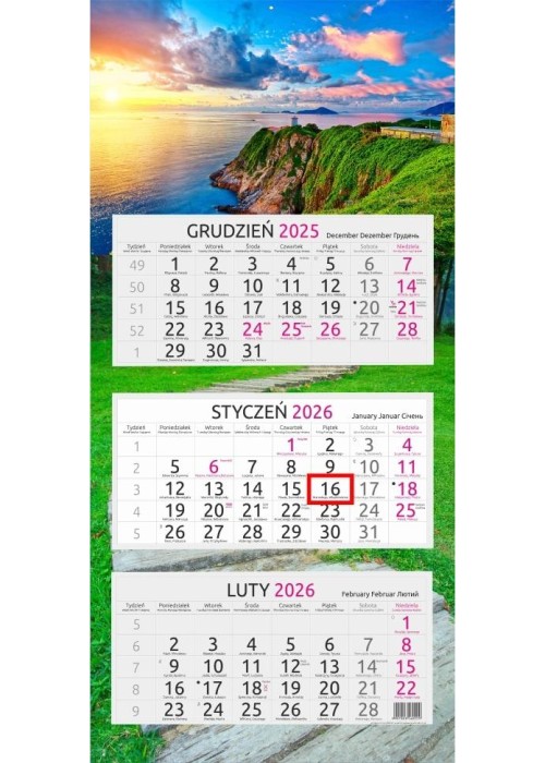 Kalendarz 2026 trójdzielny Klif