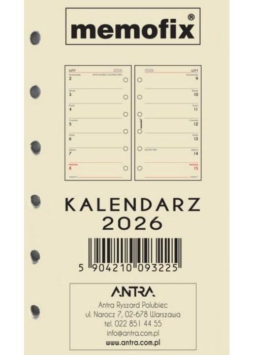 Wkład kalendarzowy 2026 Memofix A6 TNS Wkład kalendarzowy 2026 Memofix A6 TNS
