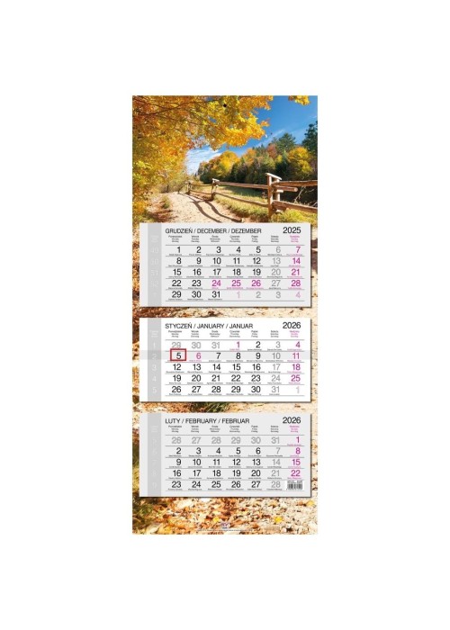 Kalendarz 2026 trójdzielny główka płaska Krajobraz