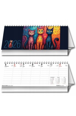 Kalendarz 2026 biurkowy tygodniowy poziomy koty