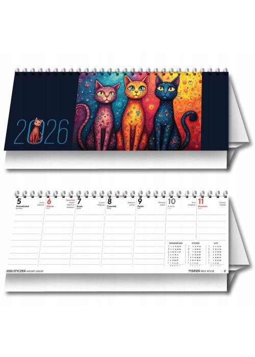 Kalendarz 2026 biurkowy tygodniowy poziomy koty Kalendarz 2026 biurkowy tygodniowy poziomy koty