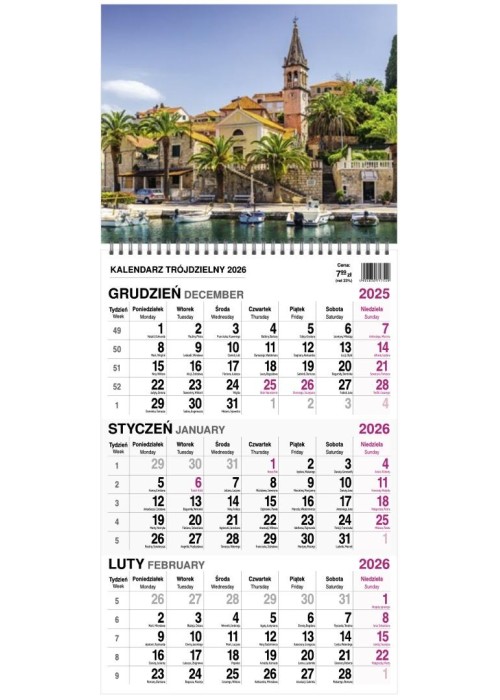 Kalendarz 2026 trójdzielny na spirali mały MIX