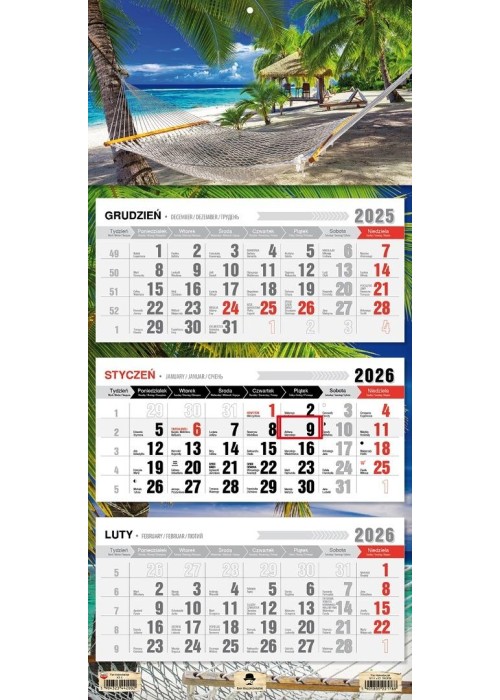 Kalendarz 2026 trójdzielny płaska główka tropik