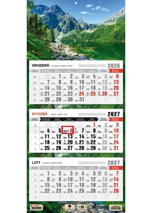 Kalendarz 2027 trójdzielny Tatry Morskie Oko