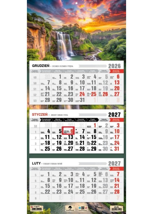 Kalendarz 2027 trójdzielny wodospad