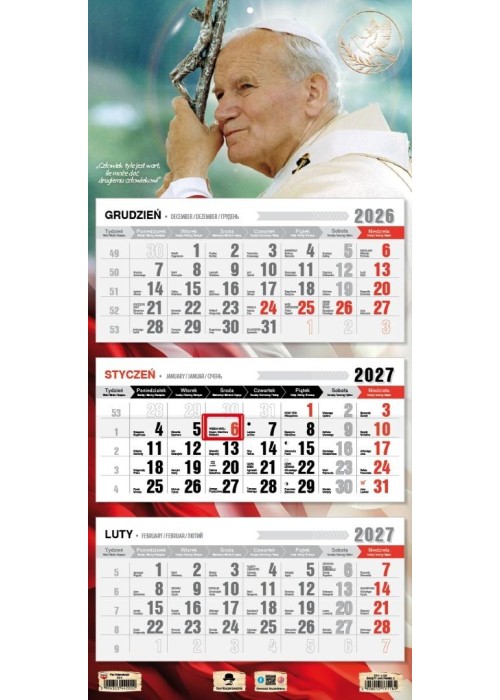 Kalendarz 2027 trójdzielny Święty Jan Paweł II