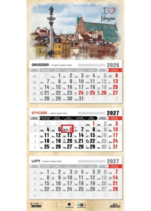 Kalendarz 2027 trójdzielny Warszawa