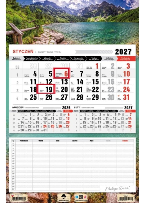 Kalendarz 2027 jednodzielny z planem zajęć Tatry