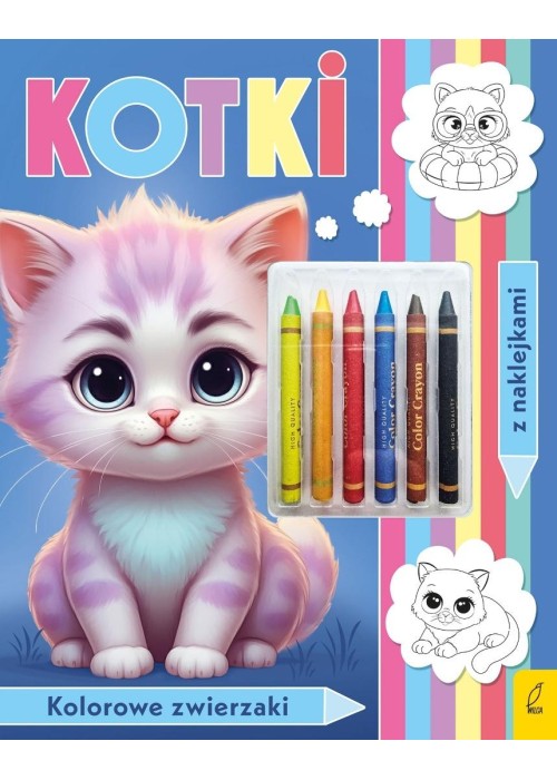 Kolorowanka z kredkami. Kolorowe zwierzaki. Kotki