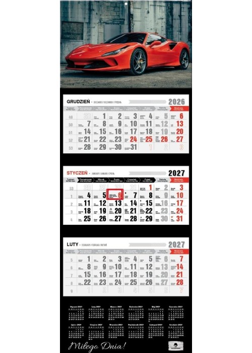 Kalendarz 2027 trójdzielny premium super car