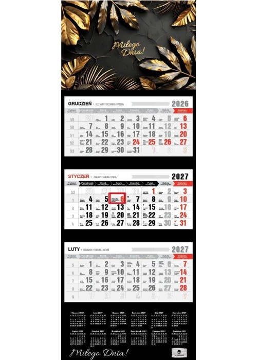 Kalendarz 2027 trójdzielny premium glamour gold