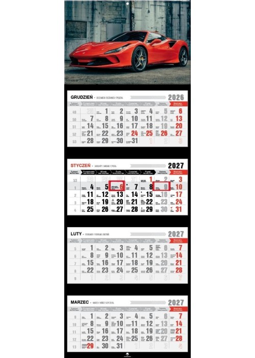 Kalendarz 2027 czterodzielny premium car