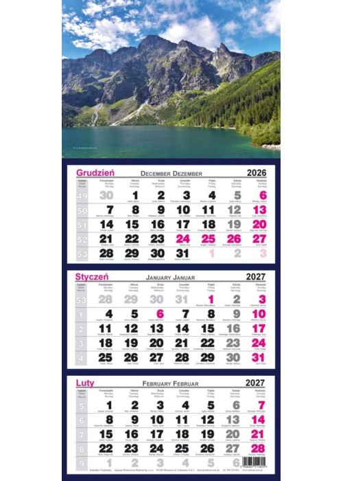 Kalendarz 2027 trójdzielny Morskie Oko