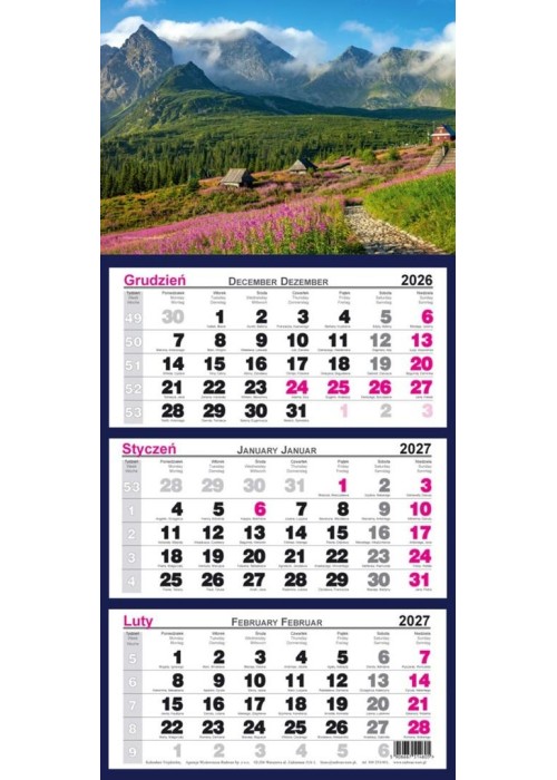 Kalendarz 2027 trójdzielny Tatry