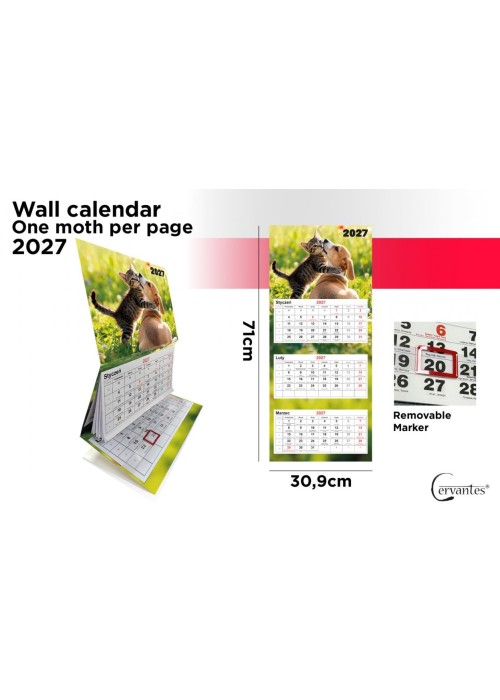 Kalendarz 2027 ścienny trójdzielny zwierzaki