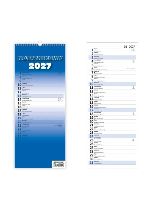 Kalendarz 2027 notatnikowy miesięczny Slim