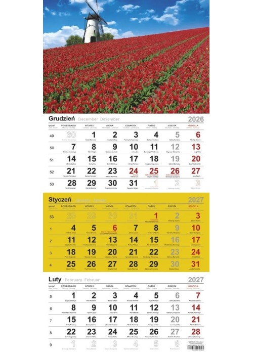 Kalendarz 2027 trójdzielny Kwiaty