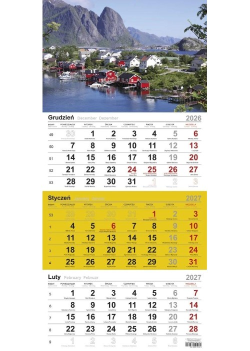 Kalendarz 2027 trójdzielny Czerwone domki