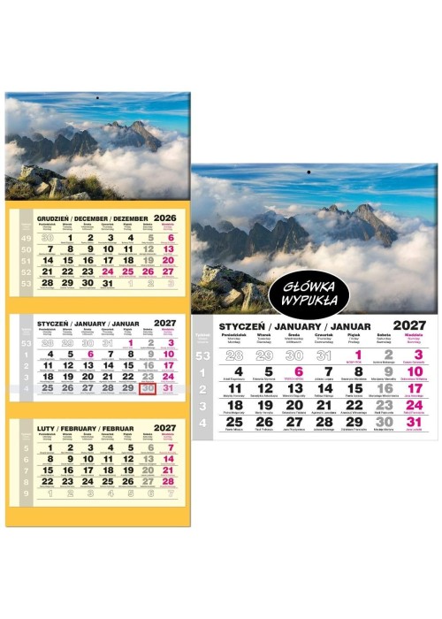 Kalendarz 2027 trójdzielny LUX wypukły Tatry