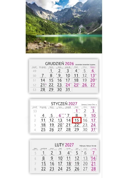 Kalendarz 2027 trójdzielny gł. wypukła Morskie Oko